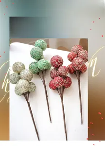 Sparkling Christmas berry stems with red, green, and champagne gold sequins for holiday decor