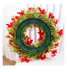 Detail view of the durable green plastic support frame for the spring flower wreath