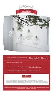 Detailed technical specifications for 8cm glowing Christmas bulb ornaments with snow scenery