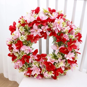 Spring Artificial Lily Flower Wreath Red Pink Daisy Floral Garland For Front Door Wall Mother's Day Home Festival Decoration