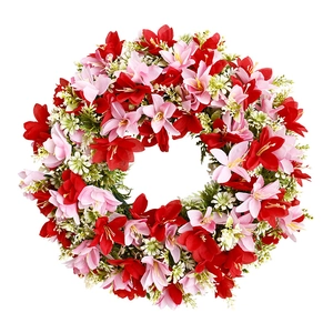 Artificial spring wreath with red and pink faux flowers for front door decoration