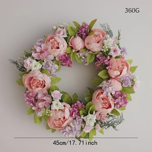 Detail view of 45cm artificial peony wreath with size and 360g weight specifications