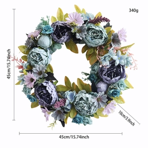 Artificial peony and rose wreath for Mother's Day, 45cm blue silk flower door ornament