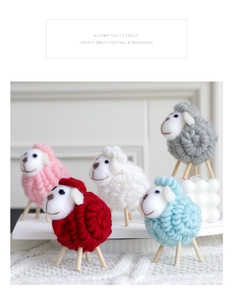 Detailed view of colorful wool felt sheep figurines with natural wooden legs