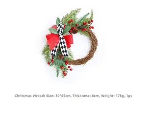 Detailed Christmas wreath with pine needles, red berries, and black-white checkered bow