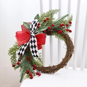 Christmas Wreath Door Hanging Decoration With Red Berries Natural Pine Cones Checkered Bow Vine Base Festive Holiday Ornament