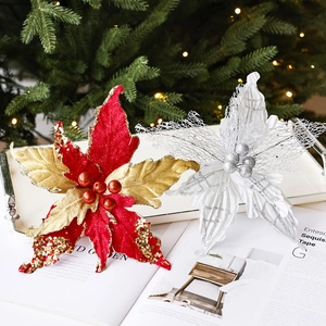 Fleurs de Poinsettia Artificielles Pailletées pour Décoration de Sapin de Noël Guirlande DIY Festive Maison Fête Ornements