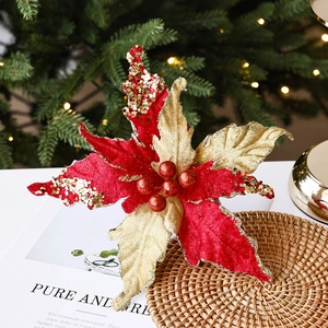 Fleur de Poinsettia artificielle rouge et dorée pour sapin de Noël et couronne DIY