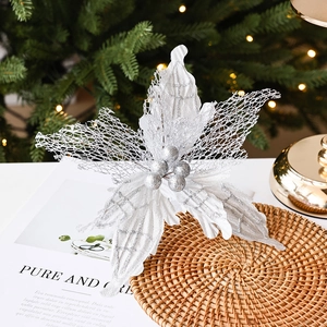 Fleur de poinsettia artificielle blanche avec paillettes argentées pour sapin de Noël