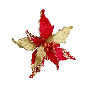 Fleur de poinsettia rouge artificielle avec paillettes dorées pour sapin de Noël