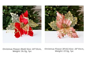 Gros plan de fleurs de poinsettia de Noël pailletées avec taille et poids