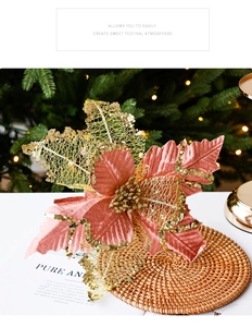 Detailed view of pink velvet Christmas flower with gold glitter edges for tree decoration