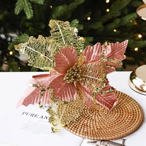 Artificial Christmas Poinsettia Flower Glitter Velvet Pink Gold Mesh Petal Xmas Tree Wreath Garland Decoration Accessory