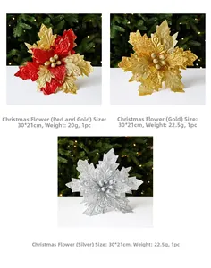 Three-style set of large velvet poinsettia flowers with glitter for Christmas trees