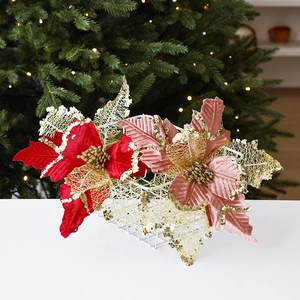 Glittery gold-trimmed poinsettia artificial flowers for Christmas tree decoration