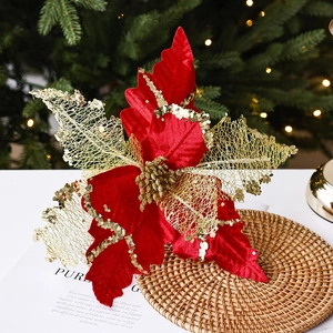 Red velvet and gold glitter Christmas poinsettia flower for tree and wreath decoration