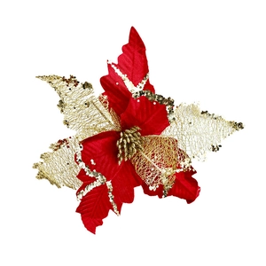 Red velvet and gold glitter artificial Christmas poinsettia for tree and wreath decoration