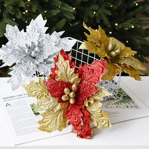 Glitter Artificial Christmas Poinsettia Flowers For Tree Decor Shimmering Fabric Flower Ornaments For Holiday Decoration