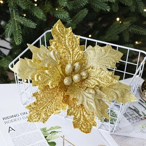 Golden glitter artificial poinsettia Christmas flower decor for DIY festive arrangements