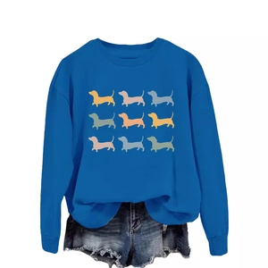 Blue crewneck sweatshirt featuring a colorful grid of nine dachshund silhouettes print