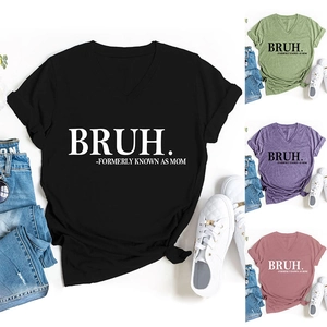 Detailed view of V-neck T-shirt showing rolled sleeves and 'BRUH.' graphic print