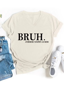 Detailed flat lay of a beige V-neck t-shirt with Bruh Formerly Known As Mom print
