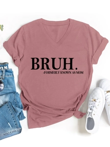 Detail of V-neck T-shirt in dusty pink featuring black 'BRUH' graphic print