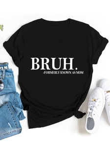 Detail of V-neck black cotton t-shirt with BRUH FORMERLY KNOWN AS MOM white text print