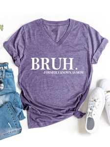 Detailed flat lay of purple V-neck T-shirt with BRUH MOM slogan and denim jeans