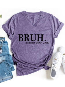 Flat lay of purple V-neck t-shirt with Bruh Formerly Known As Mom text print