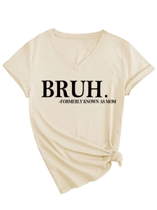 Detail of V-neck t-shirt in cream with black slogan print and side knot design