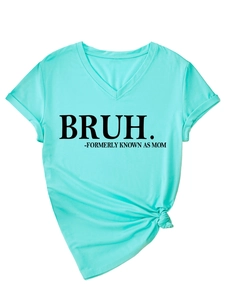 Detail showing the humor text print and stylish side-knot on this teal V-neck T-shirt