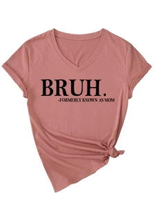 Detail of V-neck dusty pink cotton t-shirt featuring black Bruh Formerly Known As Mom print