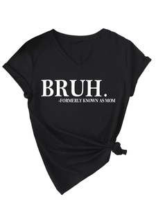 Detail of V-neck black T-shirt featuring BRUH slogan and stylish knotted waist hem