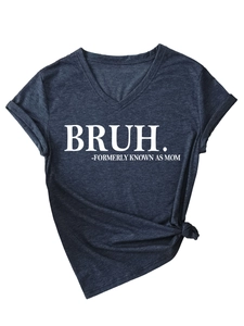 Detail of V-neck T-shirt showing side-knot hem and white BRUH. letter printing texture
