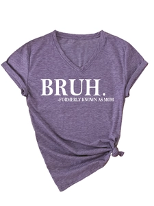 Close-up of purple V-neck T-shirt with BRUH MOM text and side knot detail