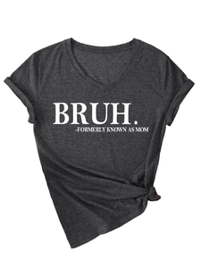 Detail of grey V-neck T-shirt with BRUH print, rolled sleeves and stylish knotted hem design