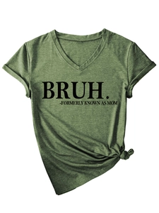 Detail of green V-neck T-shirt with BRUH FORMERLY KNOWN AS MOM print and front knot design