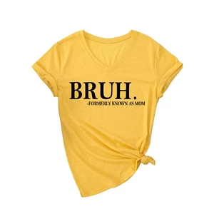 Bright yellow V-neck T-shirt with BRUH MOM print and stylish front knot detail