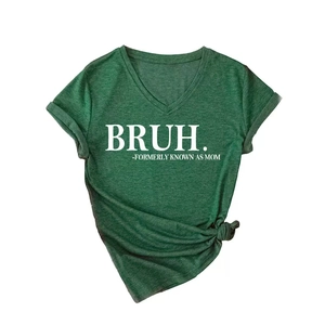 Dark green V-neck T-shirt with BRUH MOM print and side knot detail in casual style