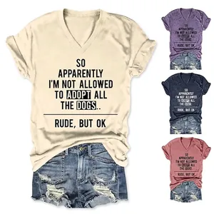 T-Shirt Col En V Femmes Mélange Coton Haut Manches Courtes Slogan Graphique Chien Humour Streetwear Décontracté Été