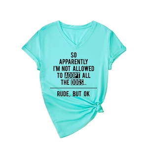 T-shirt vert menthe à col en V avec imprimé chien et ourlet noué tendance pour femme