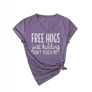 Purple V-neck T-shirt with Free Hugs slogan, featuring rolled sleeves and a side hem knot