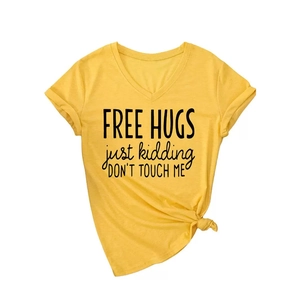 Women's yellow V-neck T-shirt with FREE HUGS print and side knot detail in cotton