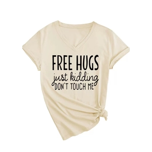 Women's V-neck t-shirt with Free Hugs slogan and side knot detail in beige