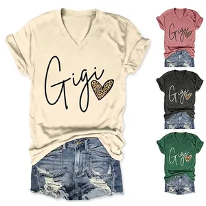 T-shirt Décontracté en Mélange de Coton pour Femmes Col en V Manches Courtes Avec Cœur Léopard Gigi Impression Ourlet Noué Mode Été