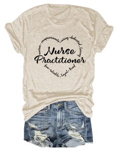 Detailed flat lay of beige Nurse Practitioner heart print t-shirt and ripped denim shorts
