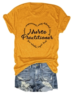 Detailed view of yellow Nurse Practitioner tee and distressed denim shorts set