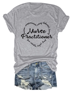 Detail of grey t-shirt featuring heart-shaped Nurse Practitioner text and denim shorts