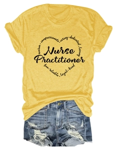 Detail of yellow cotton T-shirt featuring black Nurse Practitioner heart graphic and text